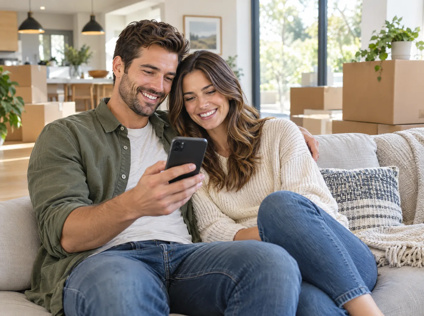 A couple checking the status of their home purchase on a phone